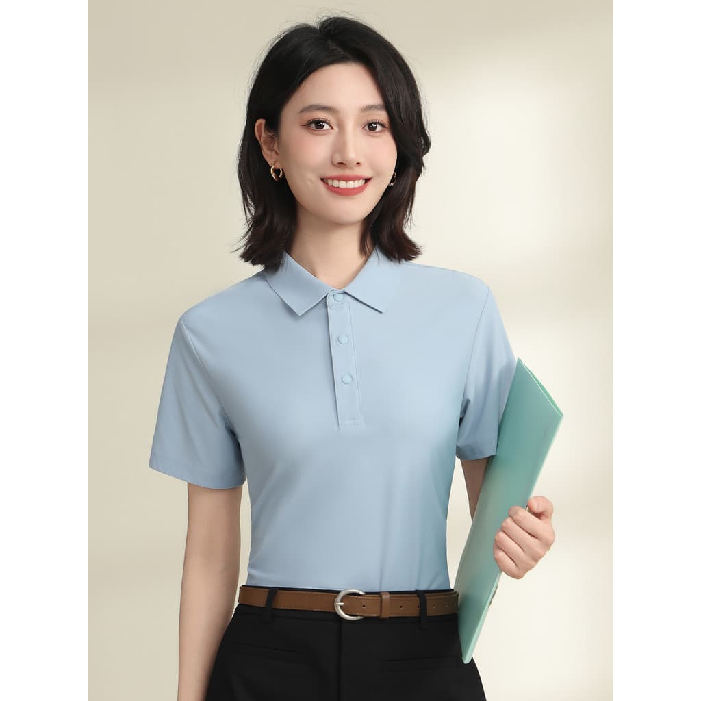 Camiseta de seda gelo de manga curta feminina cor sólida lapela brocado camisa polo esportes Casual topo roupas de traba