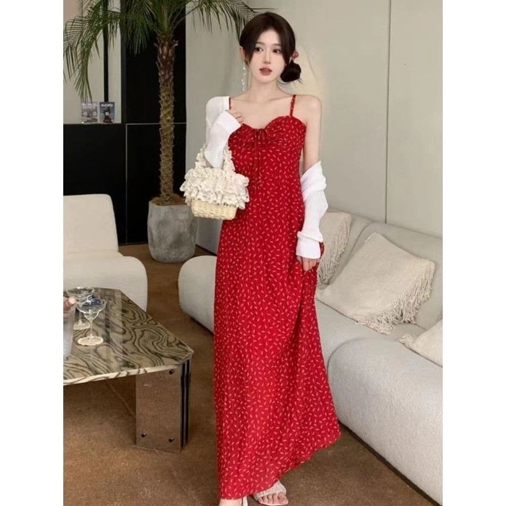 Francês praia férias puro desejo estilo vermelho Floral estilingue vestido verão doce picante versão coreana mais magro