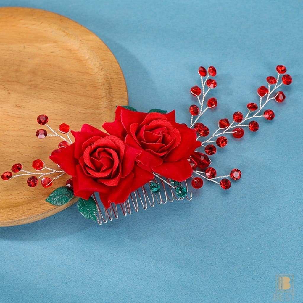 Pente De Cabelo De Noiva Com Strass Peônia Vermelha-Acessório Lateral Brilhante Para Mulheres