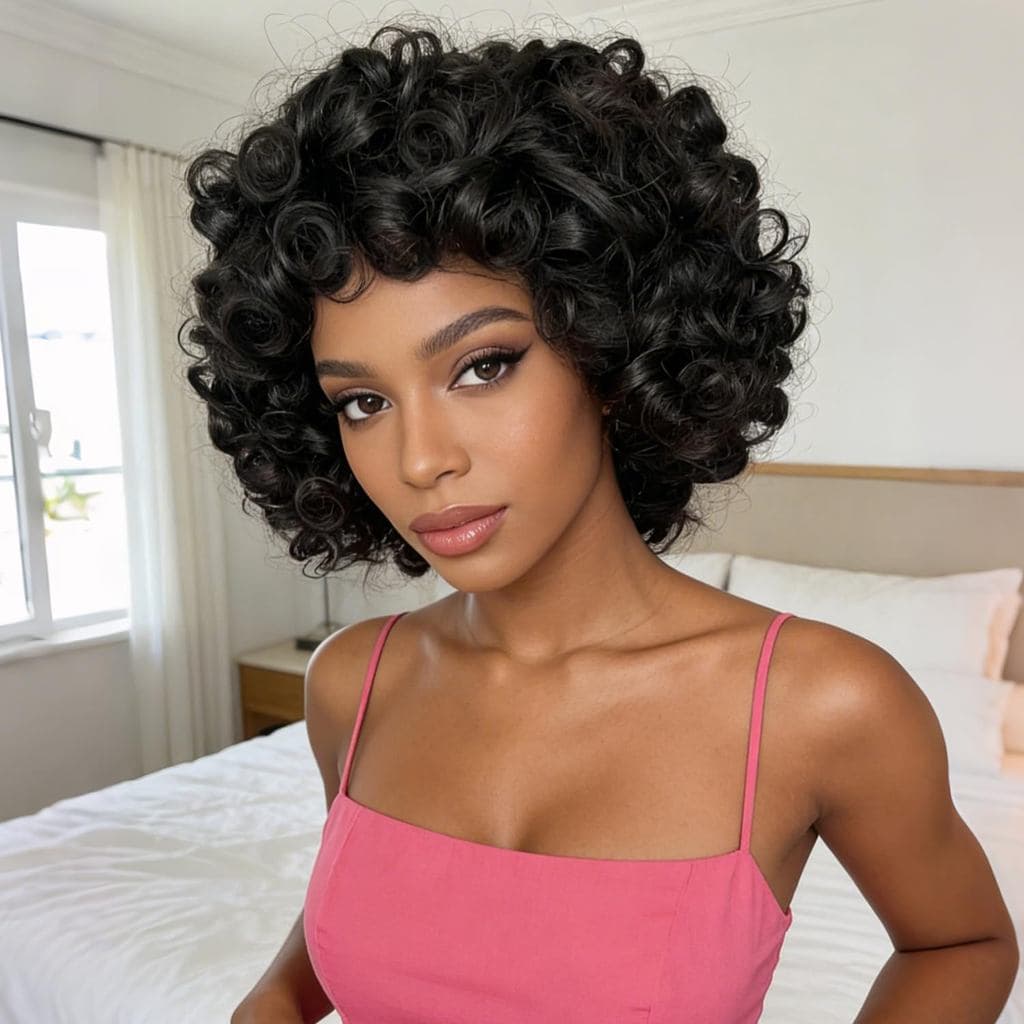 Peruca de Cabelo Humano Curto e Cacheado com Franja, Cachos Volumosos, Peruca de Cabelo Humano para Mulheres Negras, Den