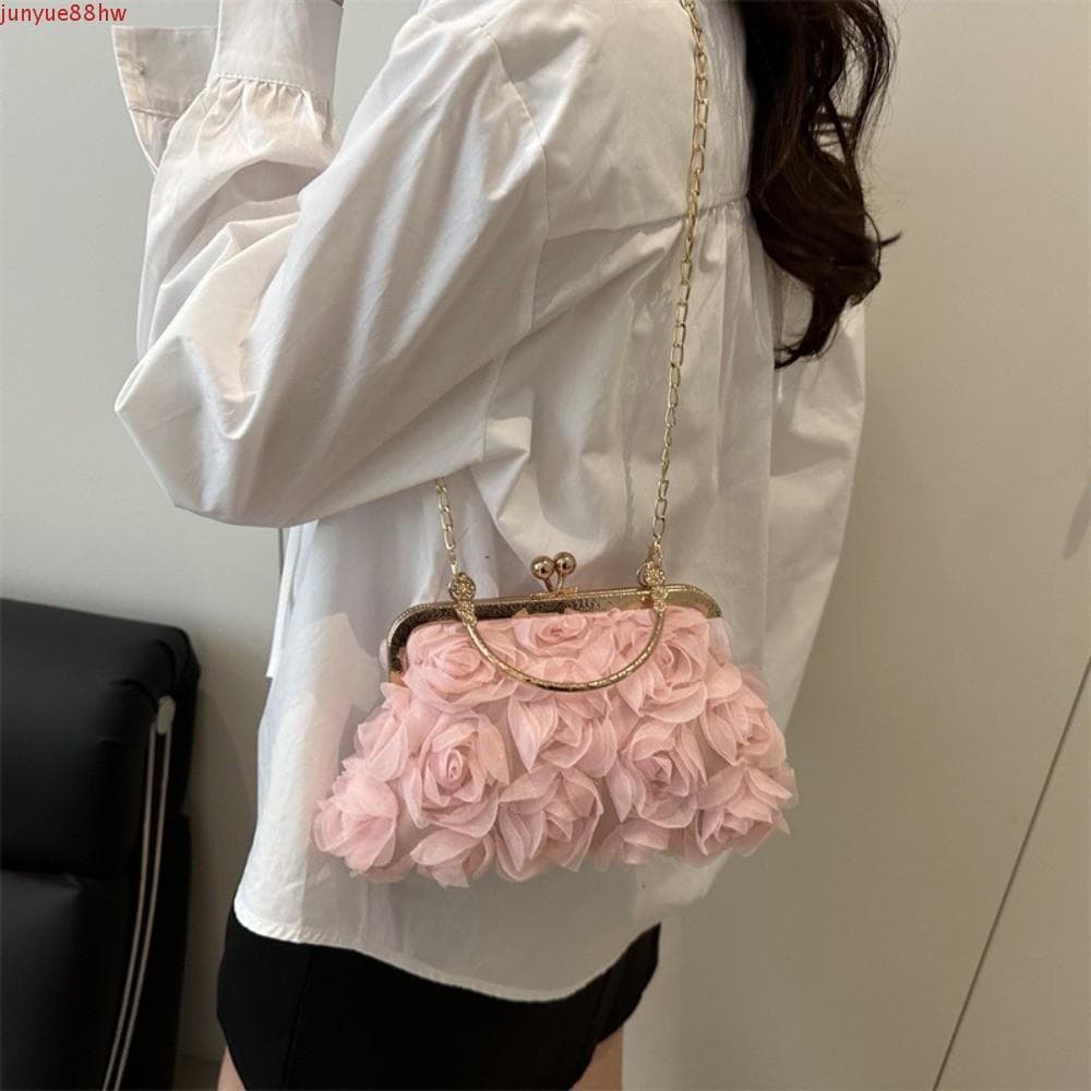 JUNYUE Bolsa De Ombro Kiss Lock , Banquete De Noite 3D Com Corrente Crossbody Portátil De Flor De Chiffon Para Meninas