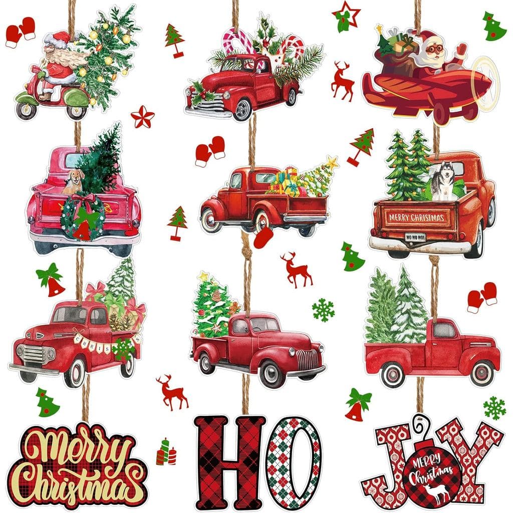 Whaline 12 Peças Enfeites de Natal para Pendurar em Árvore, Caminhão Vermelho de Acrílico, Papai Noel, Decoração Dupla F
