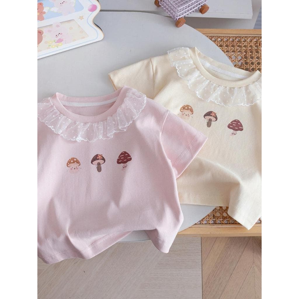 Meninas camiseta de manga curta 2025 verão novo estilo renda meia manga bebê menina doce All-Match Cartoon topo