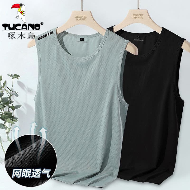 Woodpecker gelo seda de secagem rápida camiseta masculina verão esportes malha superior respirável colete moletom mascul