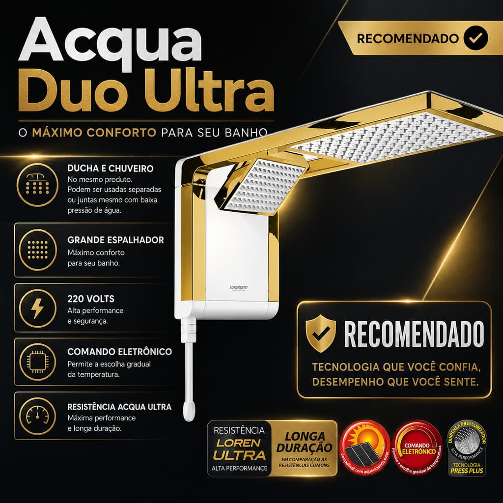 Ducha Lorenzetti Acqua Duo Ultra Branco Dourado Comando Eletrônico