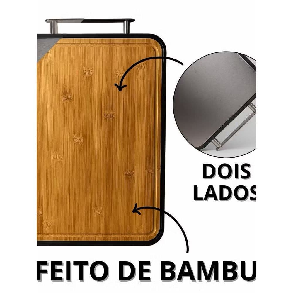 Tábua Dupla Face De Corte e Frios Antibacteriana Tabua De Carne, Bambu e Inox Tabua De Cozinha Inox Retangular Churrasco