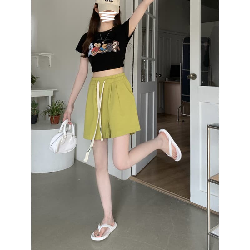 Contendo algodão cintura elástica exterior Wear esportes Shorts de perna larga feminino verão versão coreana cordão novo