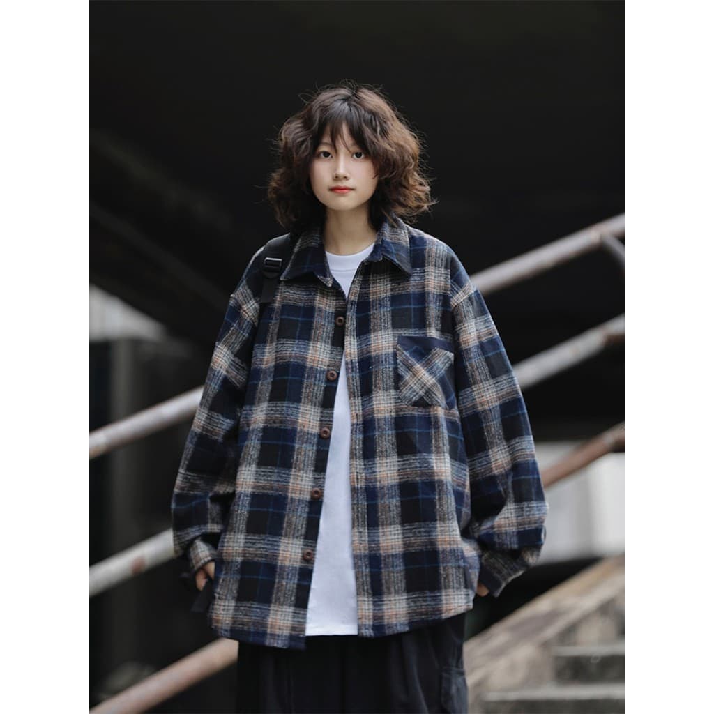 Americano Retro xadrez camisa de manga comprida das mulheres dos homens estilo Preppy lapela solta Street Wear camisa xa