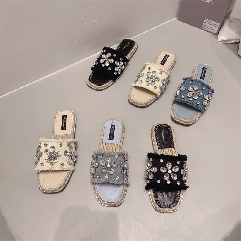 Palha palha alpercatas chinelo brilhante strass dedo do pé aberto Real corda de cânhamo inferior resistente ao desgaste