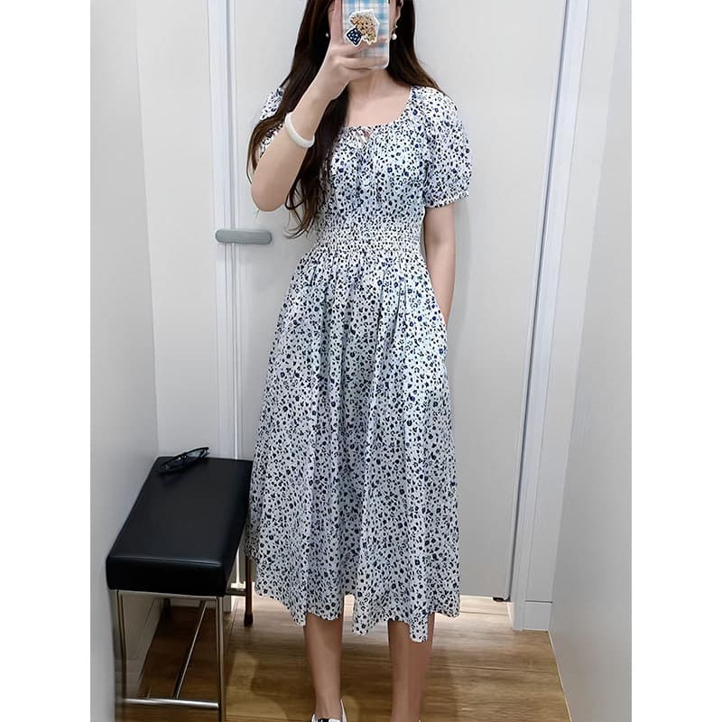 Mujia 2025 Vestido feminino de verão Floral manga bufante saia de manga curta estampada saia longa com aparência mais fi