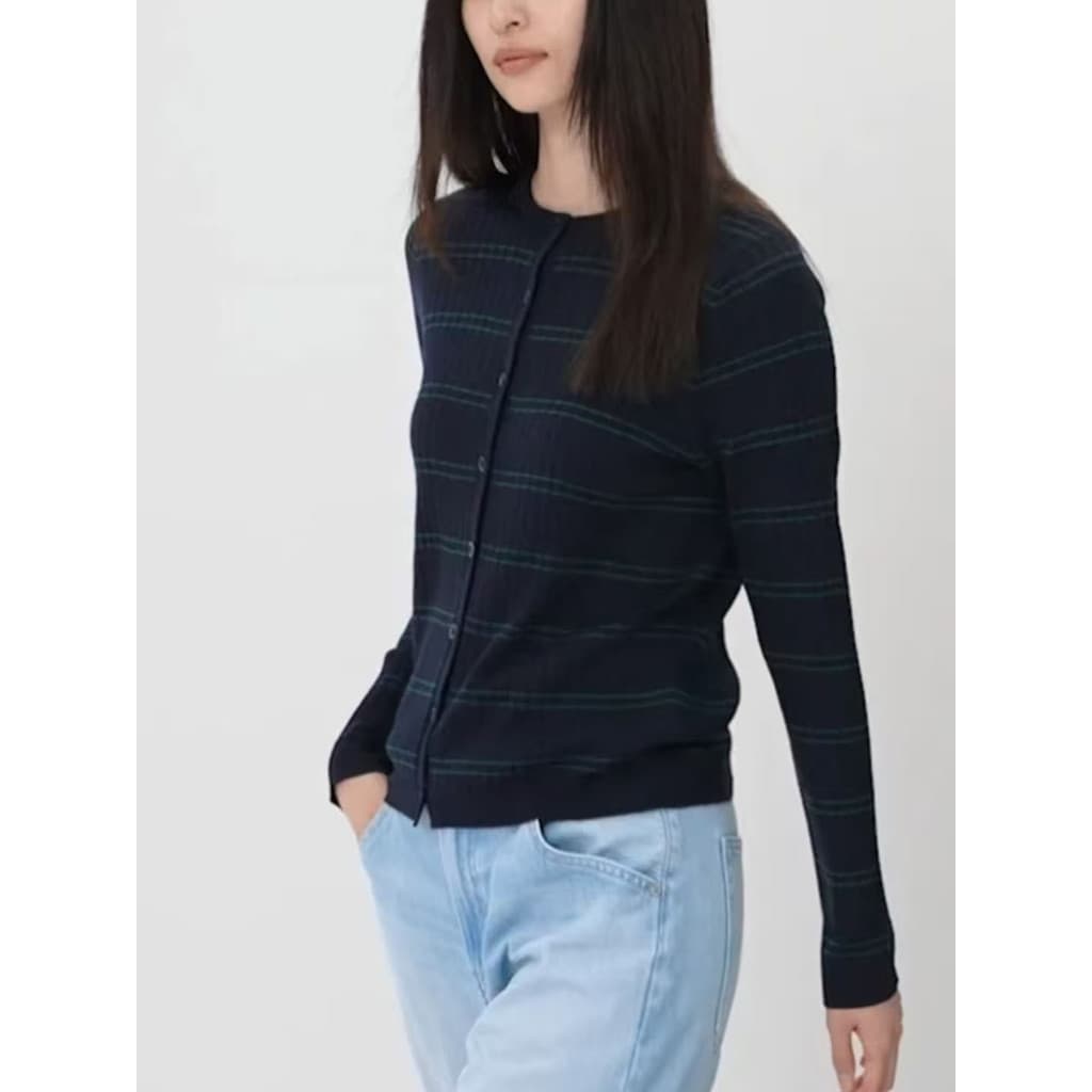 Japonês único feminino solto em torno do pescoço com nervuras malha Cardigan camisola listrada de manga comprida curto48