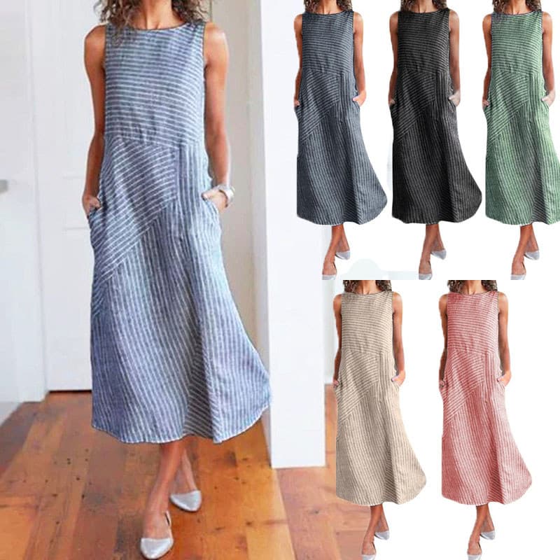 Vestido Sem Mangas De Linho De Algodão Venda Rápida Evasê Listrado Simples E