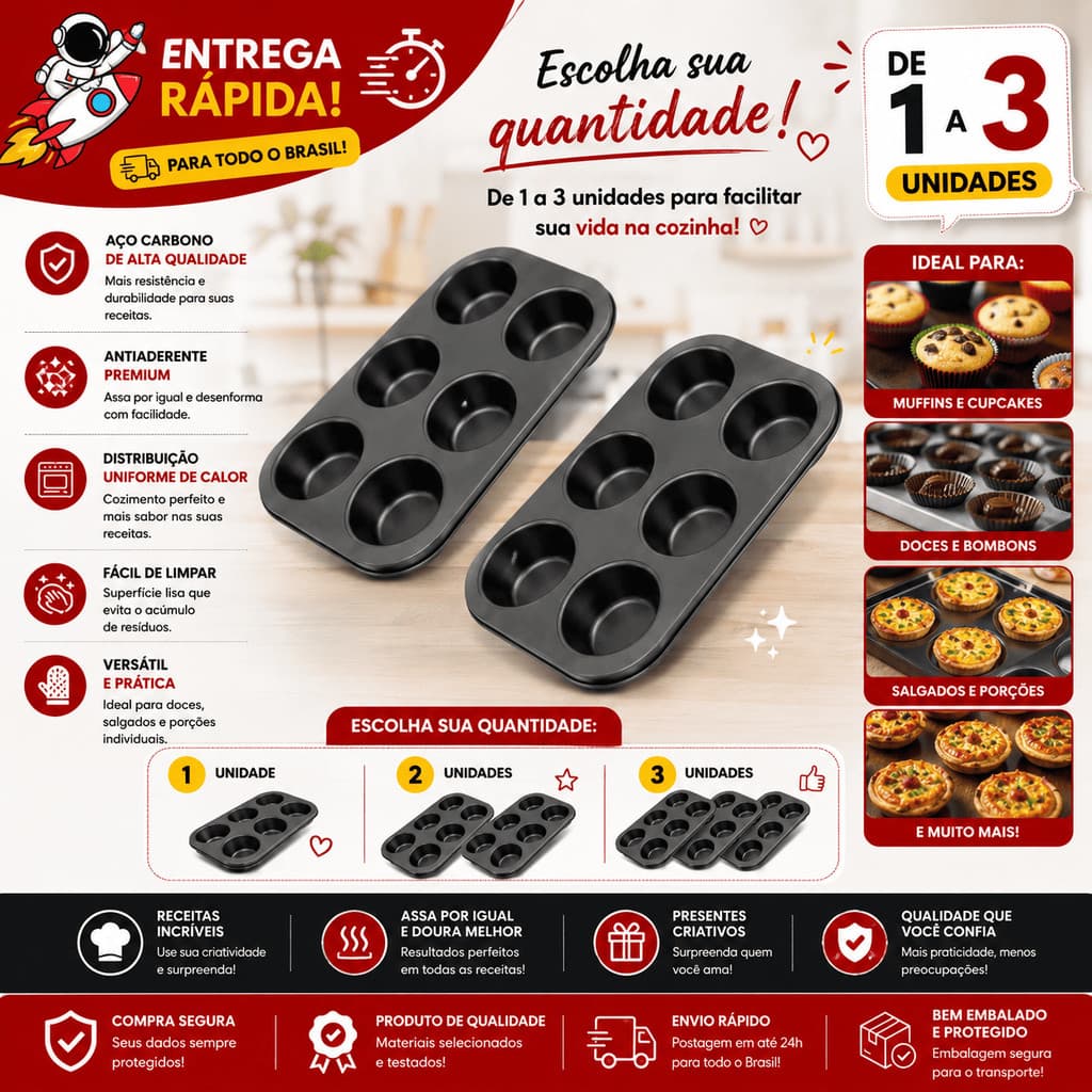 Kit 3 Formas Assadeira Teflon Antiaderente 6 Cavidades Cupcakes Bolinhos Muffins Pão de Queijo Cake Cozinha