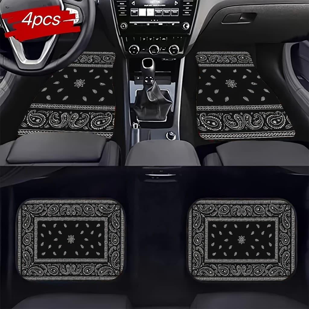 Conjunto de 4 peças de tapetes universais para pés de carro, padrões Paisley de fundo preto, tapetes para pés de carro c