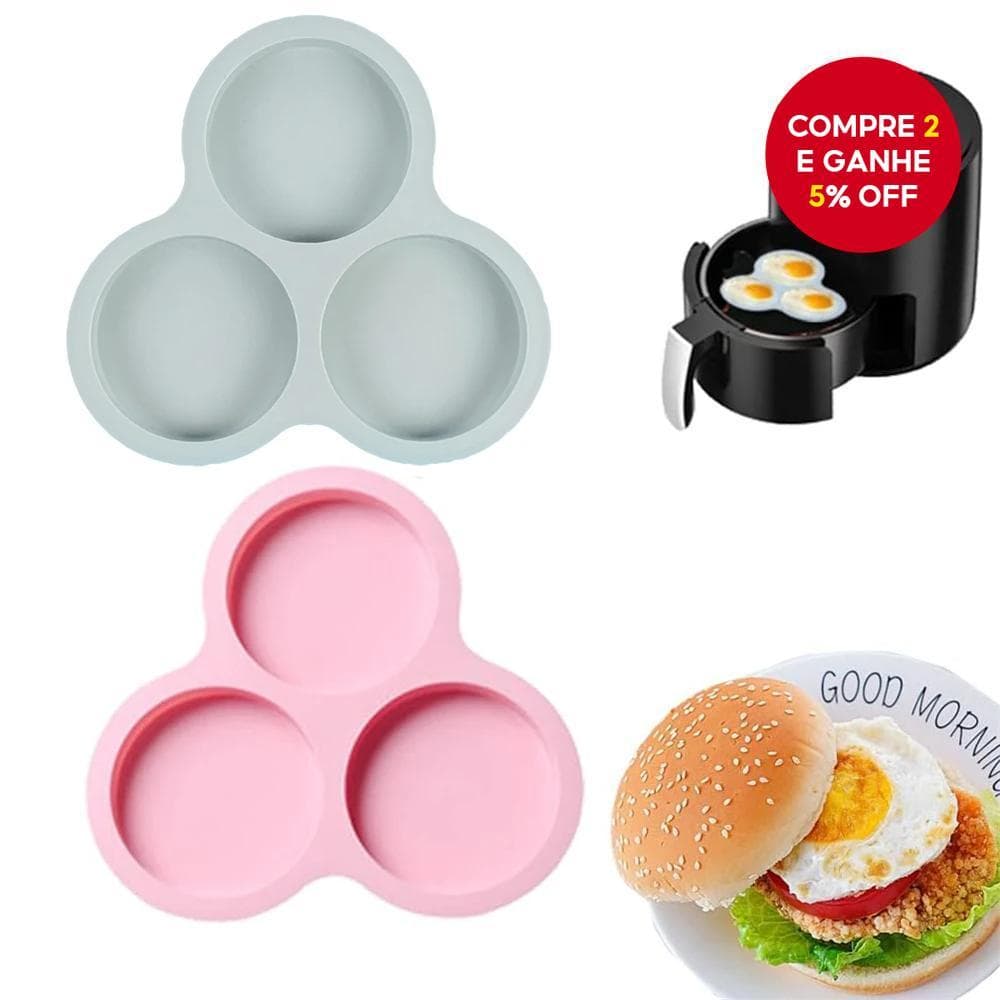 Forma de Silicone para Bolo Air Fryer Molde de Ovo 3 Cavidades Panela Antiaderente para Assar Pães de Hambúrguer