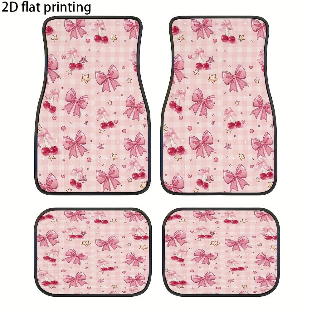 Tapete de pés de carro de 4 unidades, padrão xadrez de estrela cereja com laço rosa, tapete universal de carro, fácil de