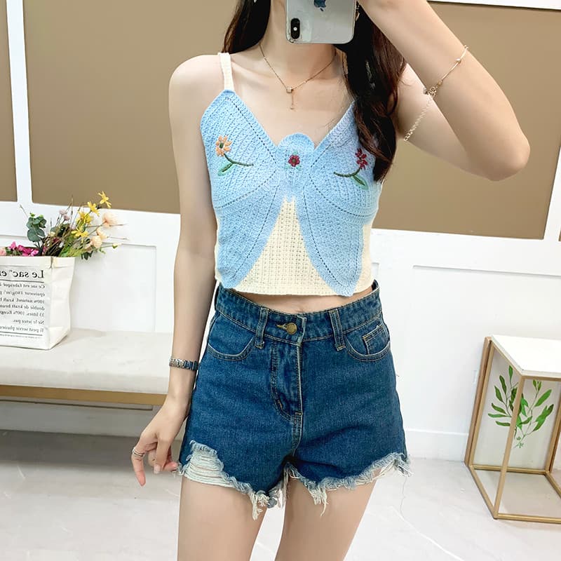 Doce picante doce cor Bowknot bordado camisola feminina 2025 verão novo estilo curto malha oco topo