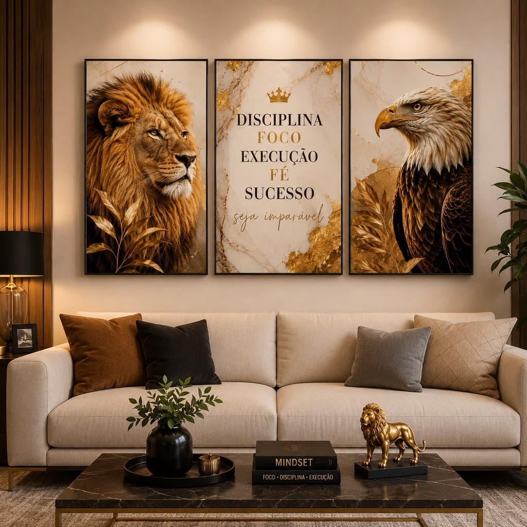 Kit Quadros Motivacionais Leão Águia Disciplina Foco Sucesso Decoração