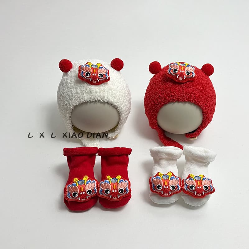 Vermelho festivo estilo chinês dragão bebê chapéu cachecol meias conjunto outono inverno macio ceroso pele-amigável chap