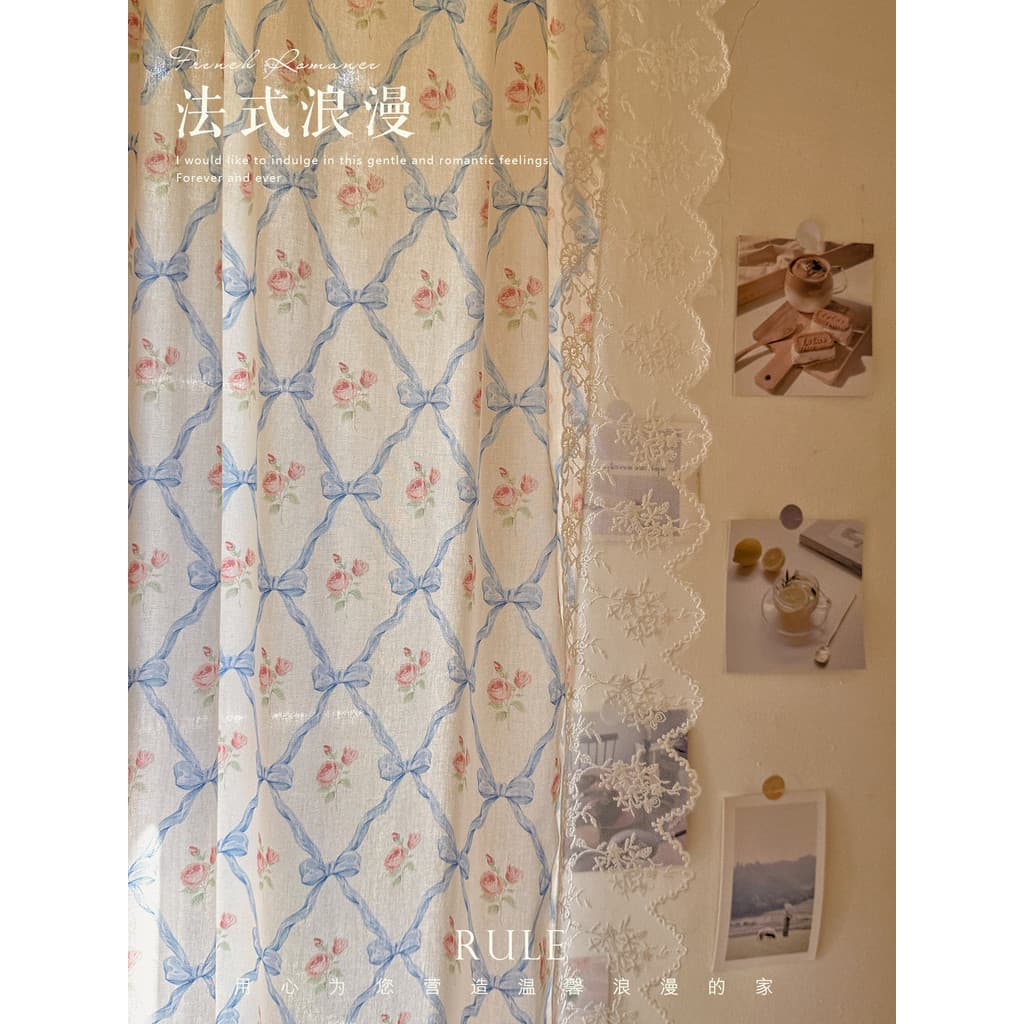 Cortina Floral azul claro com laço para meninas francesas, meia cortina de renda, estilo Pastoral, quarto de menina, tra