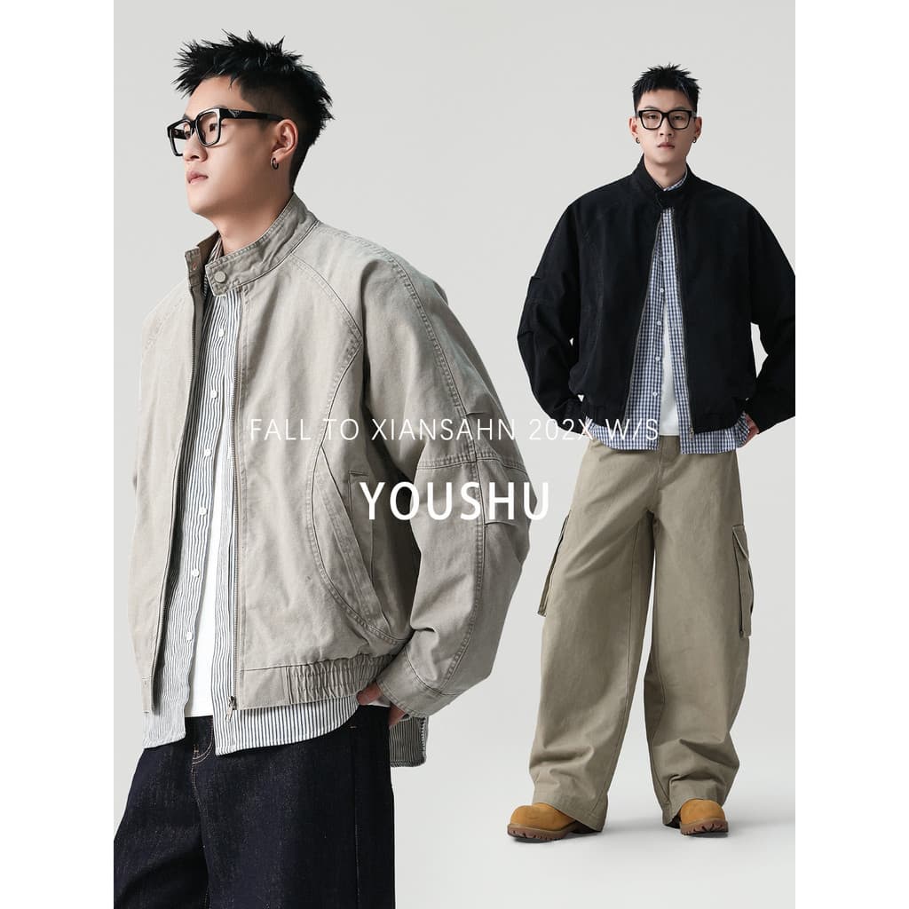Jaqueta americana masculina High-End rufião bonito primavera 2026 novo estilo gola alta ferramentas Street Wear casaco t
