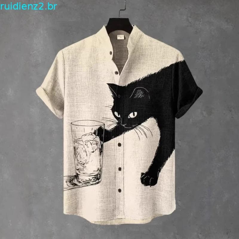 Csa Masculina Japonesa Retrô Com Estampa De Gato Preto , Manga Curta , Gola Alta , Top Casual Para Férias CX7Z
