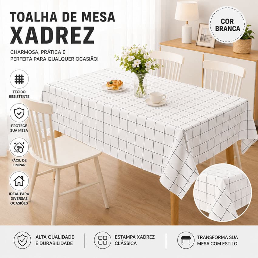 Toalha de Mesa Xadrez Branca Impermeável Elegante para Sala de Jantar e Cozinha