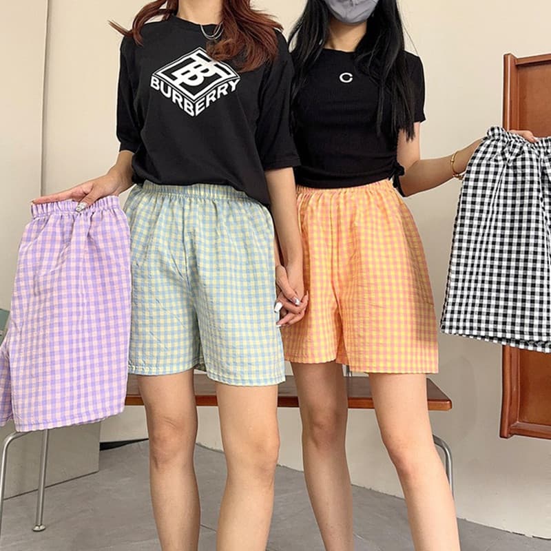 Verão simples xadrez calças de pijama feminino fino preguiçoso calças retas casuais calças de perna larga All-Match exte