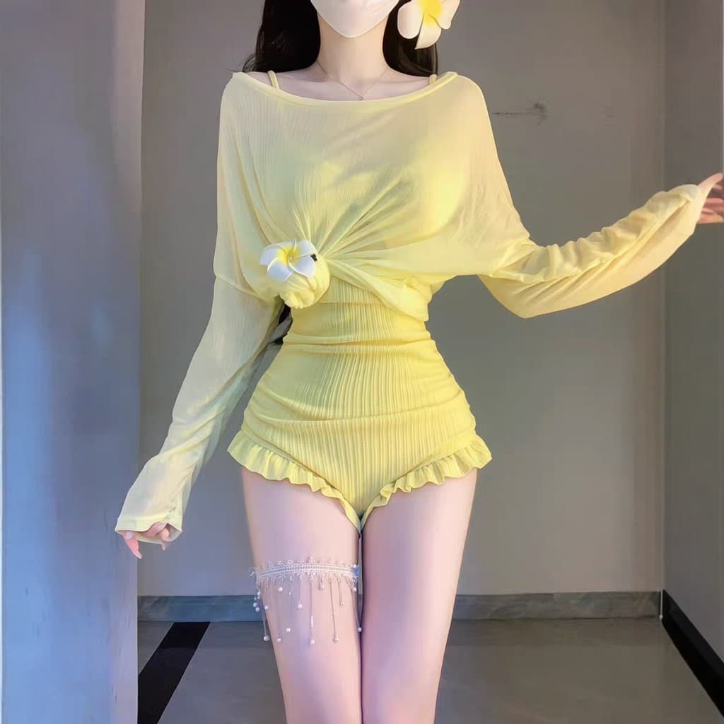 Fada blusa de manga comprida maiô feminino cobrindo carne mais magro olhar versão coreana solta beira-mar férias proteto