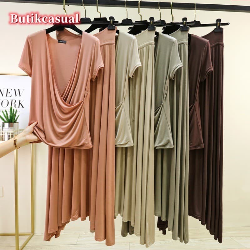 Feminino Modal Conjunto De Duas Peças Plus Size Cruz Decote Em V Ruched Manga Curta Topo Perna Larga Saia Longa Casual L