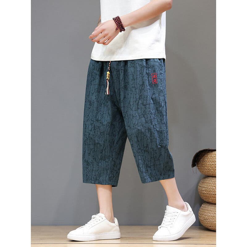 Estilo chinês Jacquard calças cortadas masculinas verão calças finas Retro solto tamanho grande Casual calças médias 7 p
