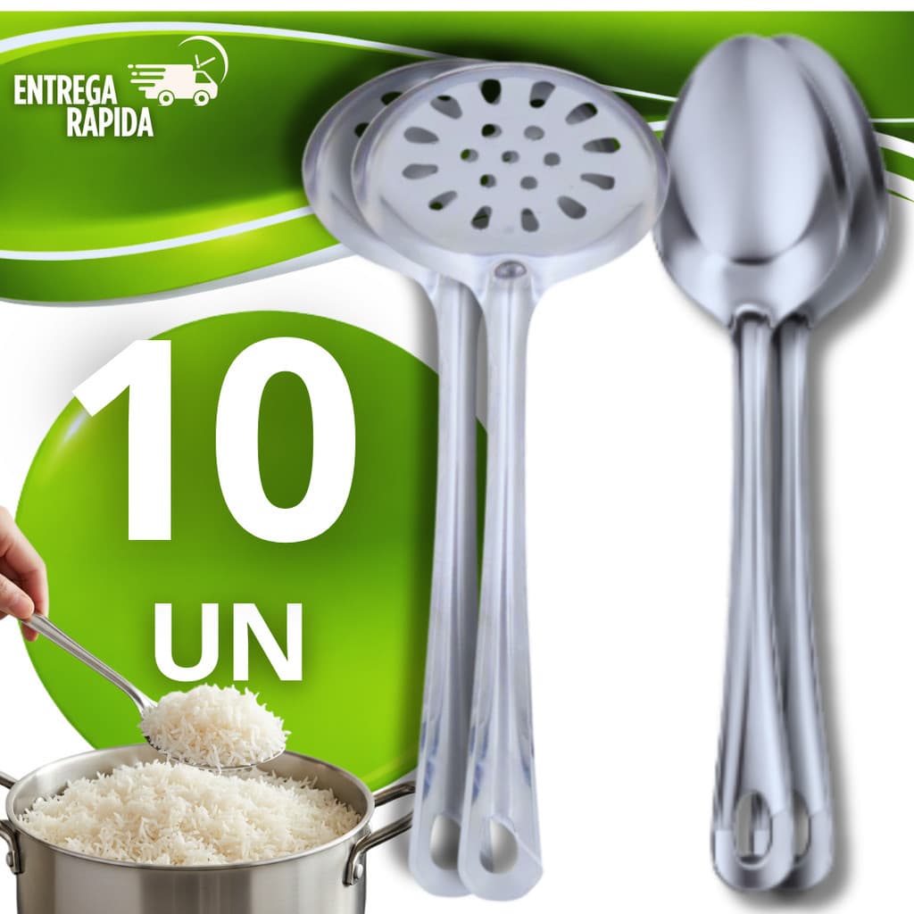 Combo10 Colher de Arroz Grande e Escumadeira Aço Inox  Resistente Cozinha Restaurante Utensílios Servir Refeições