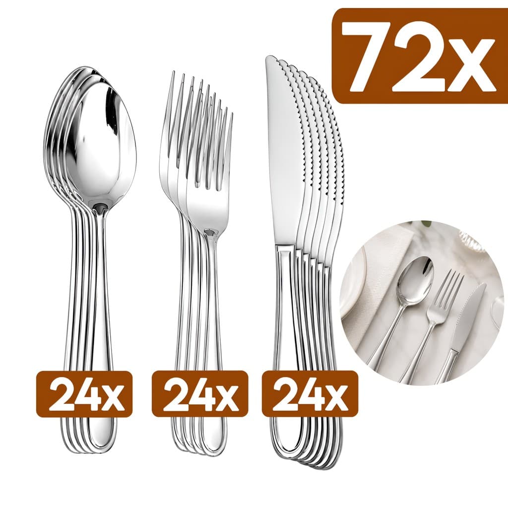 Jogo de Talhares 72 Peças em Aço Inox 24 Facas c/ Serra 24 Garfos 24 Colheres de Sopa Mesa Jogo de Talheres Inox