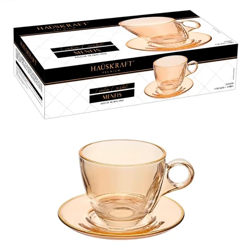 Conjunto 4 Xícaras de Café com Pires Borda Dourada Linha Cristal Premium Âmbar 85ml JGXC091AB - Hauskraft
