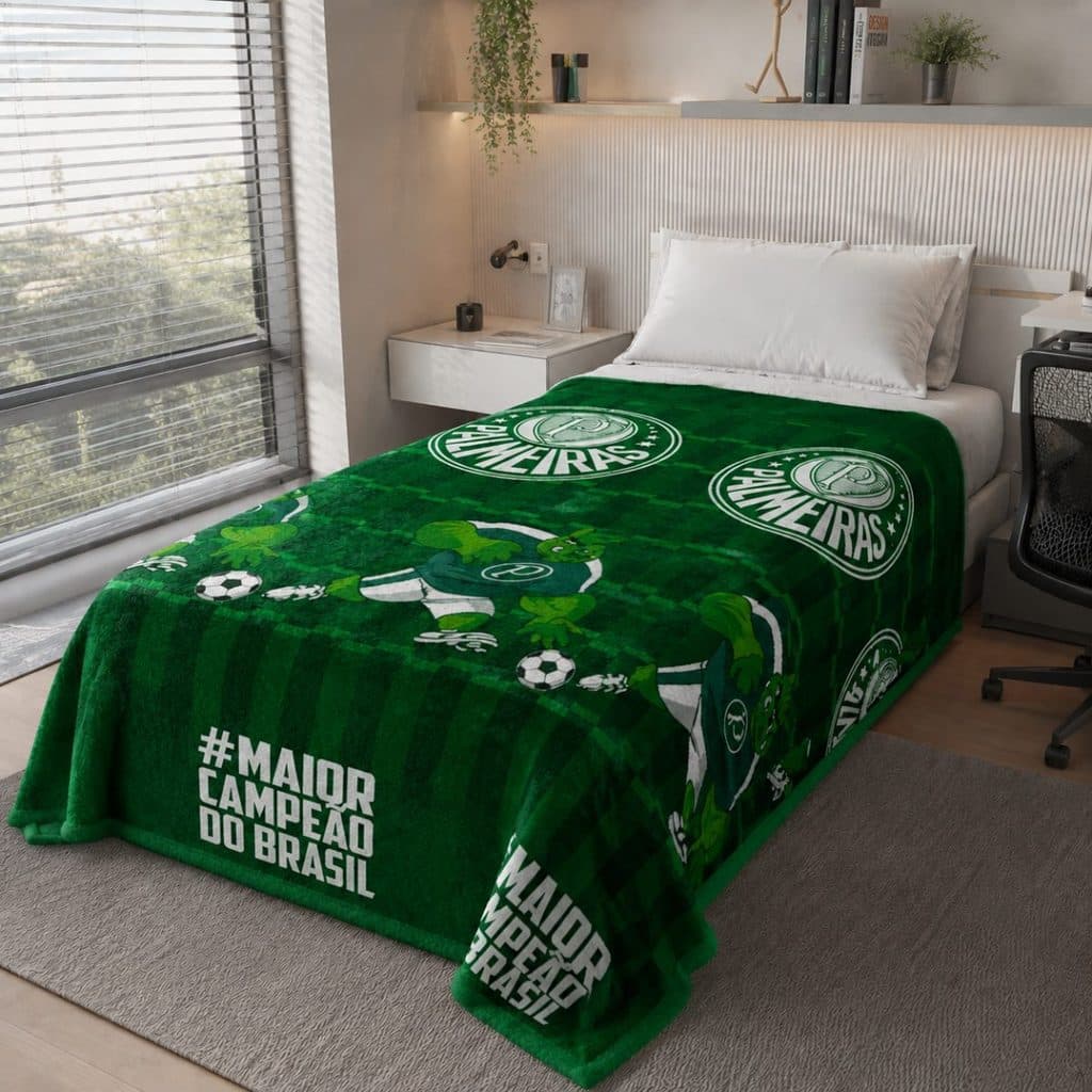 Cobertor Solteiro Sherpa Palmeiras Jolitex 1,50x2,00m Dupla Face Toque Macio
