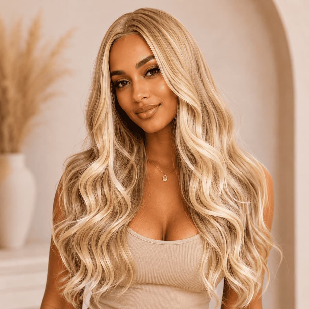 Peruca Lace Wig Loira Clara Ondulada Sintética Bio Fibra Macia 60cm 230g Top Hair LILI-T27/613