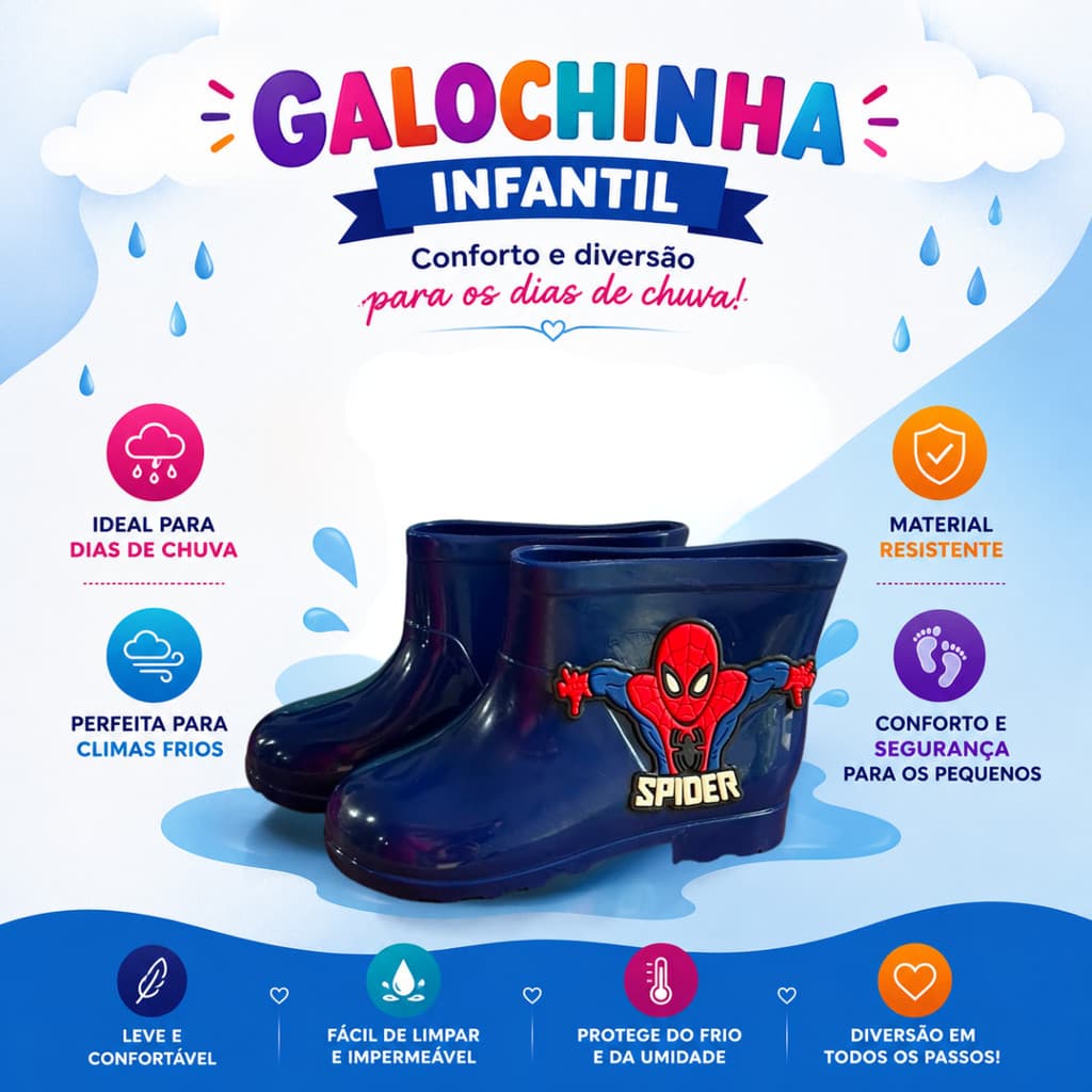 Galocha Bota Infantil Menino Menina Aranha Lisa Personagens Impermeável Chuva Escola