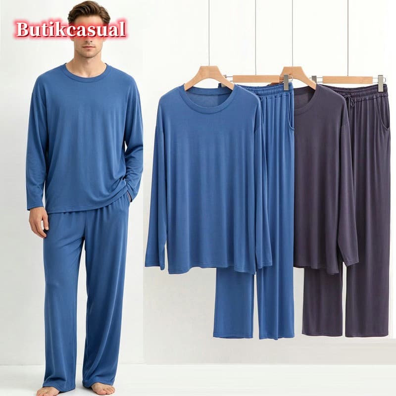 Modal loungewear Terno Masculino Primavera E Verão Tamanho Grande Solto Calças De Manga Comprida Pijamas casual Fino Con