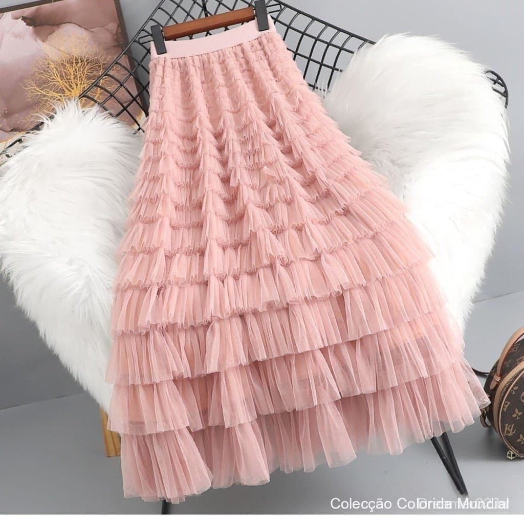 Saia de malha de verão de alta qualidade para mulheres, novo vestido em camadas de cintura alta, saia de tule estilo fa.