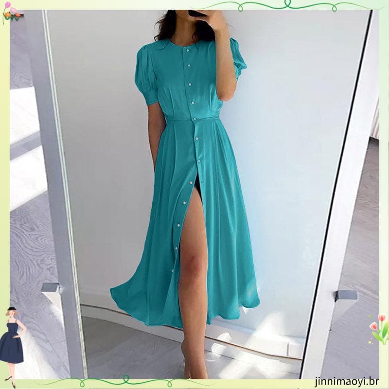 Vestido longo elegante feminino cor sólida Slim cintura alta botão manga curta gola redonda