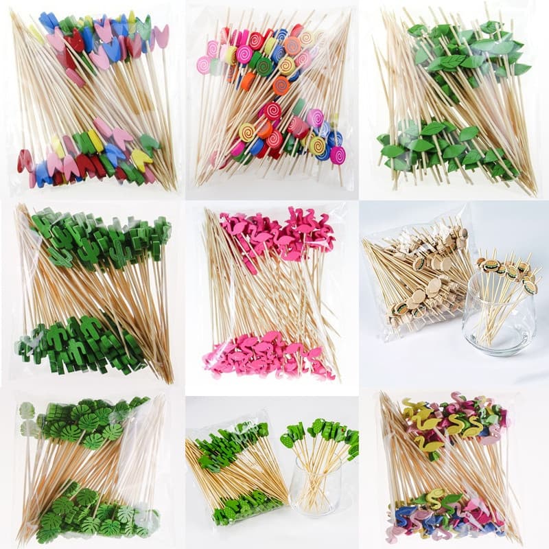 100Pcs Palitos De Bambu Descartáveis Frutas Flamingo Bolo Cupcake Garfo Para Casamento Decoração De Festa Do Havaí