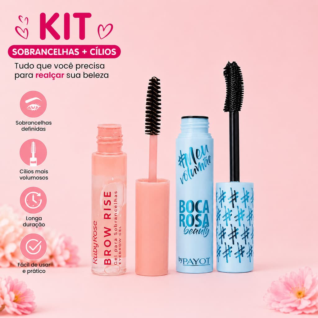 KIT Gel Para Sobrancelhas Ruby Rose Brow Rise + Boca Rosa Máscara Para Cílios Rímel Meu Volumao