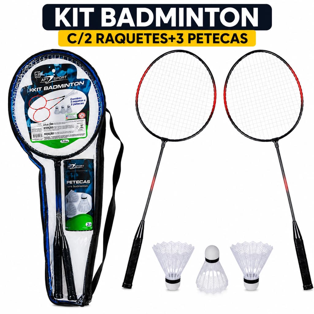 Kit Badminton 2 Raquetes + 3 Petecas Kit Completo Para Diversão Fitness e Atividades FÍsicas