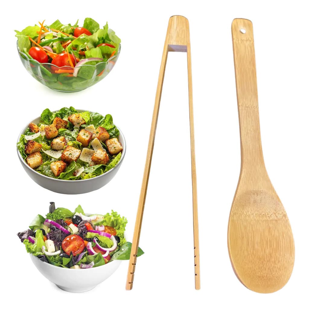 Kit Pegador E Colher De Bambu Madeira Para Salada Carne Pinça Cozinha