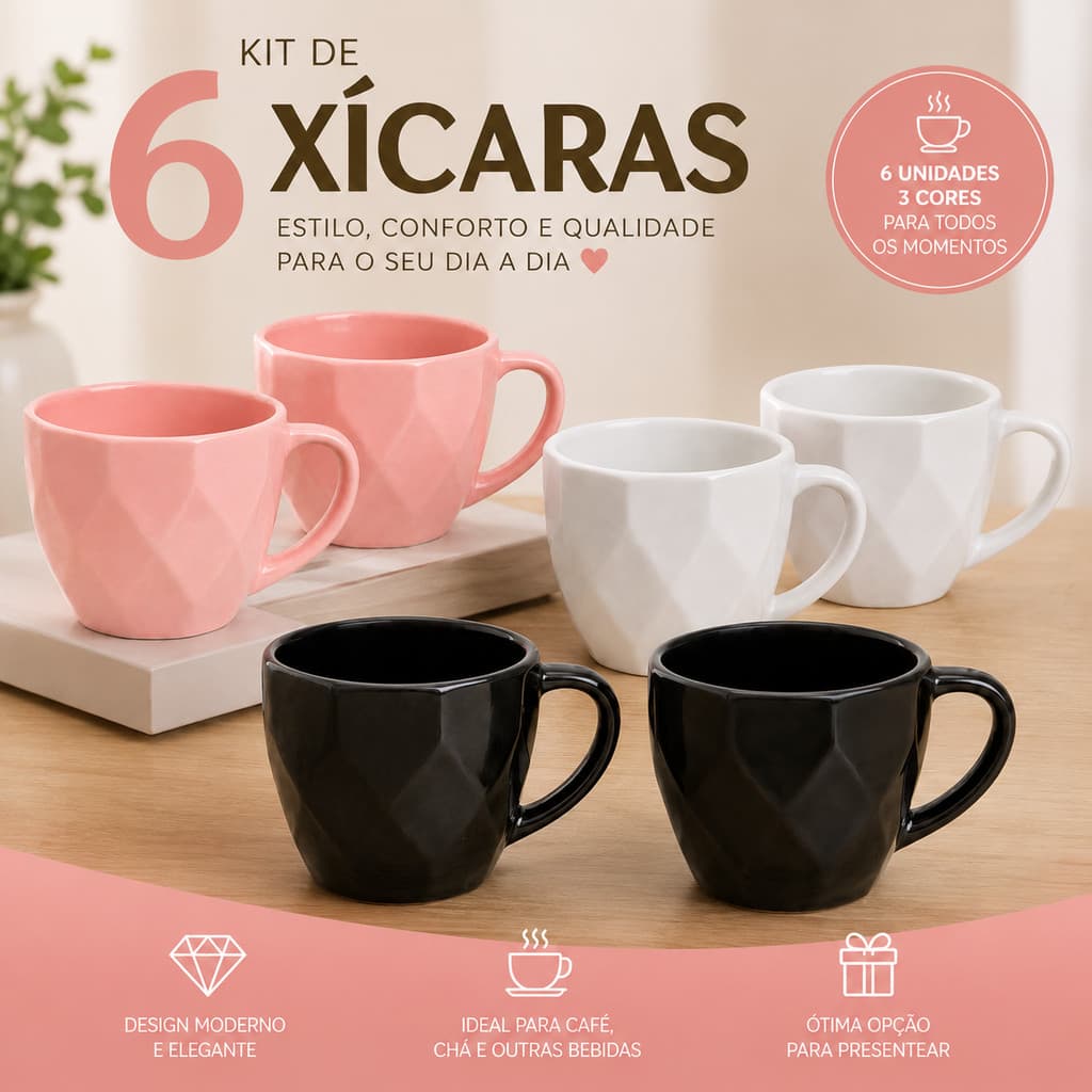 Kit Jogo 6 Xicara Porcelana Prisma 100ml Chá Café Chocolate Premium Mesa Posta Presente Colorida