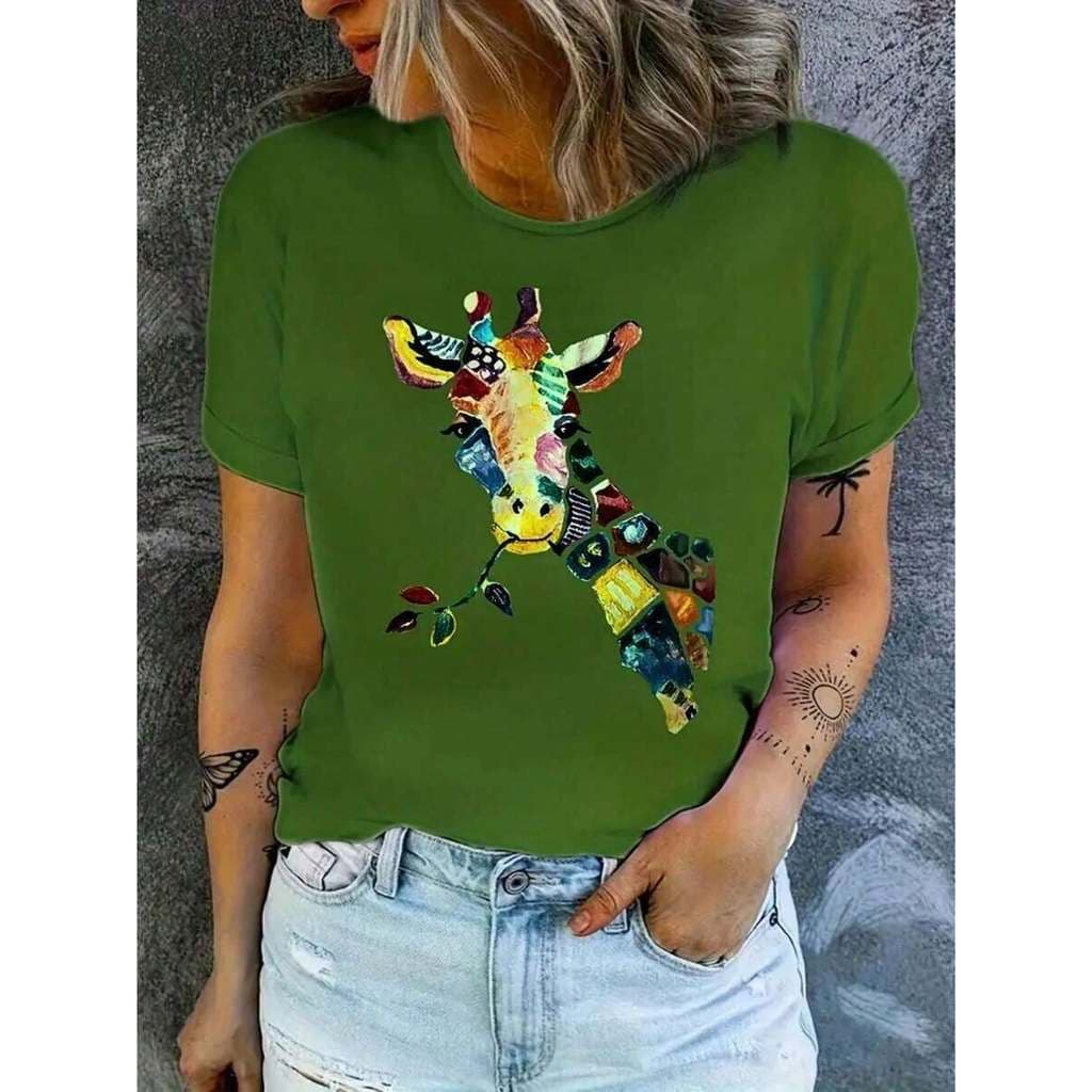 Blusa Feminina Tshirt Manga Curta Estampa Girafa Aquarela Algodão Fio 30.1 Menor Preço Moda Maligu