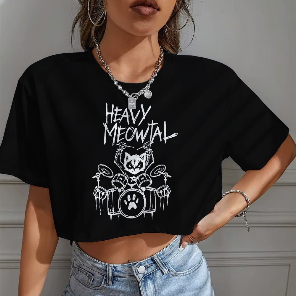 Cropped Feminino OVERSIZED Heavy Meowtal Gato Gotico Metal Baterista Rock