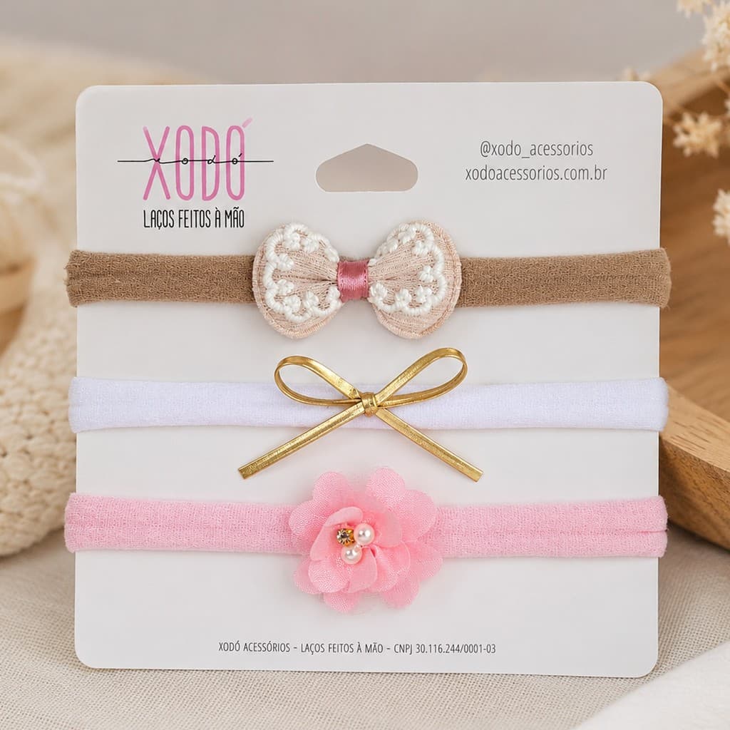 Kit 3 Tiaras meia de seda Faixas Bebê Confortável Elegante Leve Macio Croche Chique Courino Dourado Flor Rosa