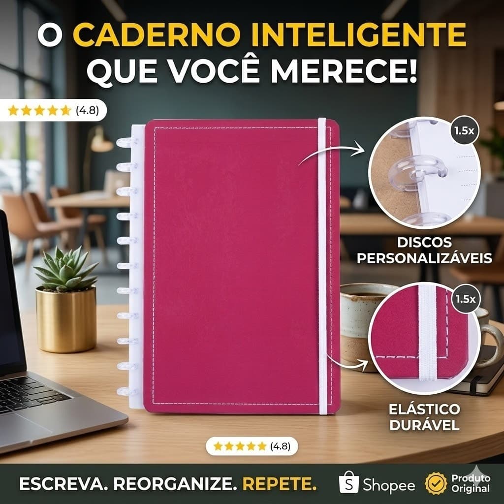 Caderno Grande Capa Dura Disco Reposicionável Rosa Escritório Estudante Organizador