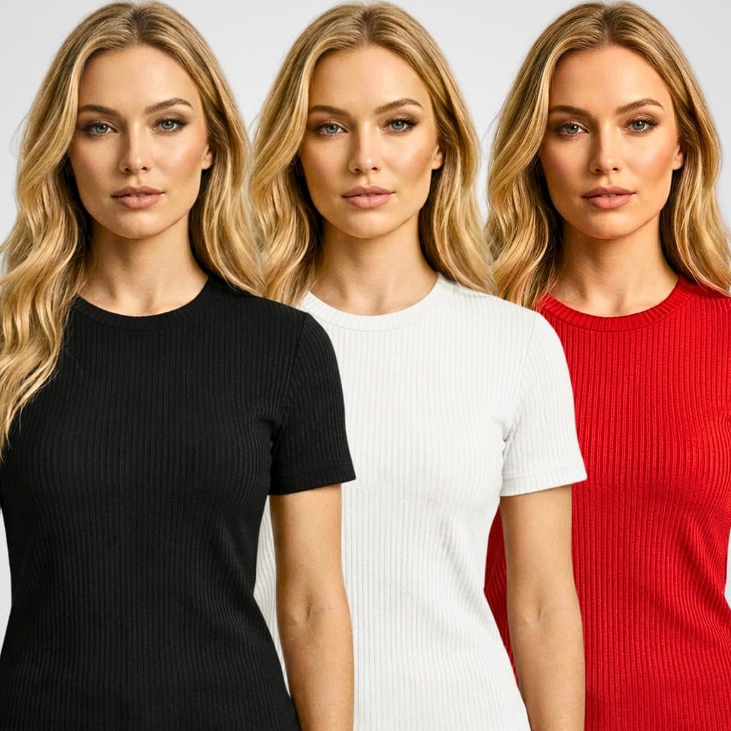 Kit 3 Camiseta Feminina Slim Canelada Casual Básica Fashion Premium Ajustada Moderna